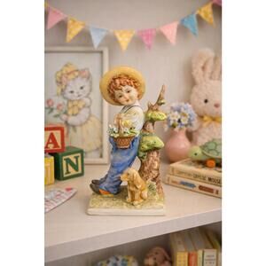 Lefton Japan 1970s Bisque Figurine Boy With Basket & Dog, KW5051 3x6.25”